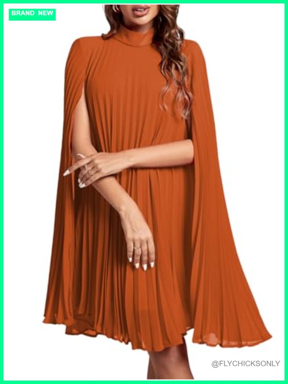 Women's Mock Neck Cloak Sleeve Pleated Midi Party Dress